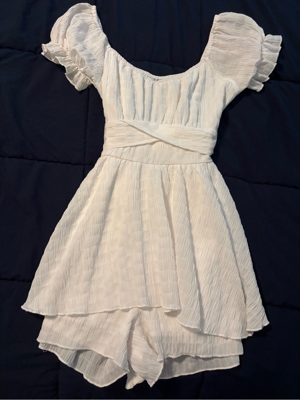 Altar'd State White Textured Puff-Sleeve Romper Dress